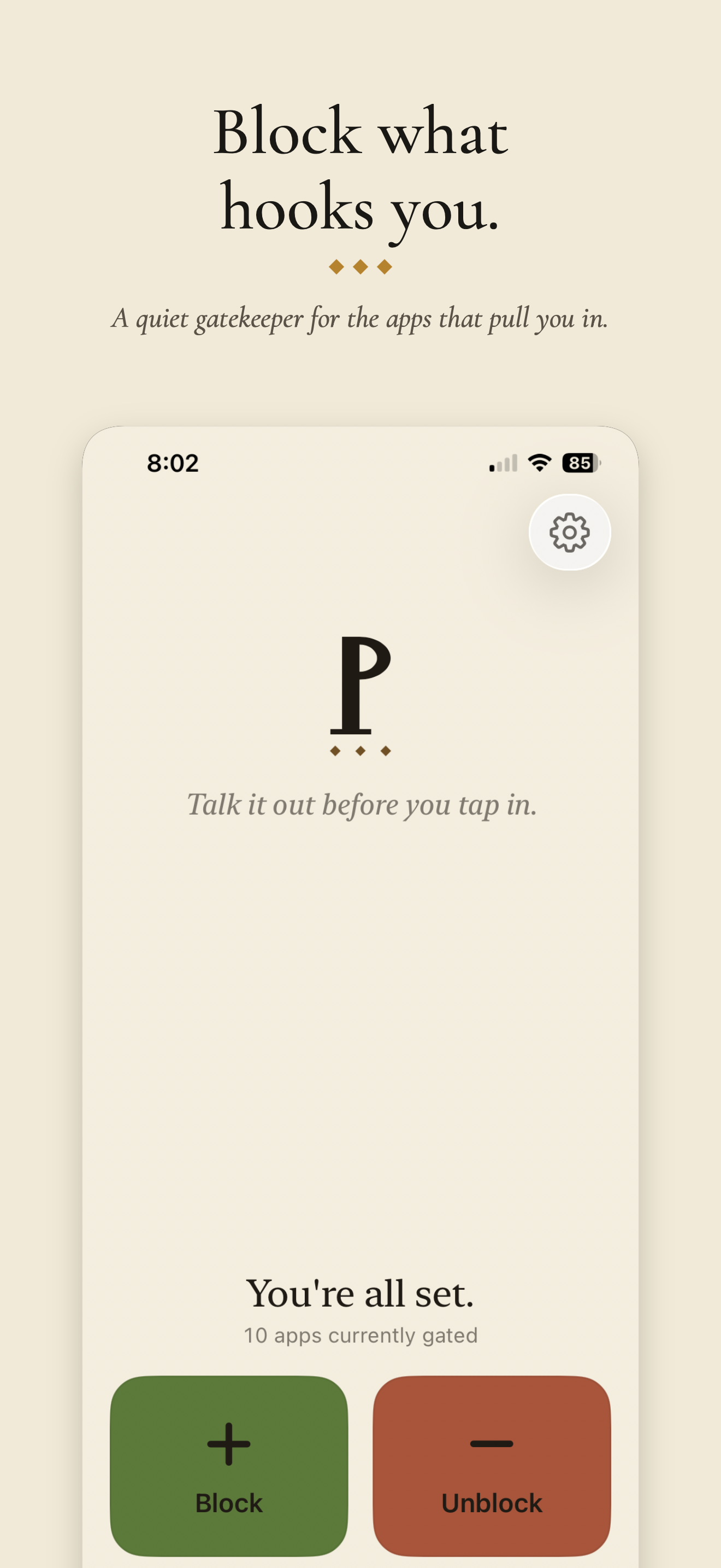 Block what hooks you — a quiet gatekeeper for the apps that pull you in.